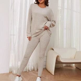 Cross-border Two-Piece Set for Women 2026 Spring Fleece New Fashion Casual Elegant Loose Round Neck Ribbed Knit Set