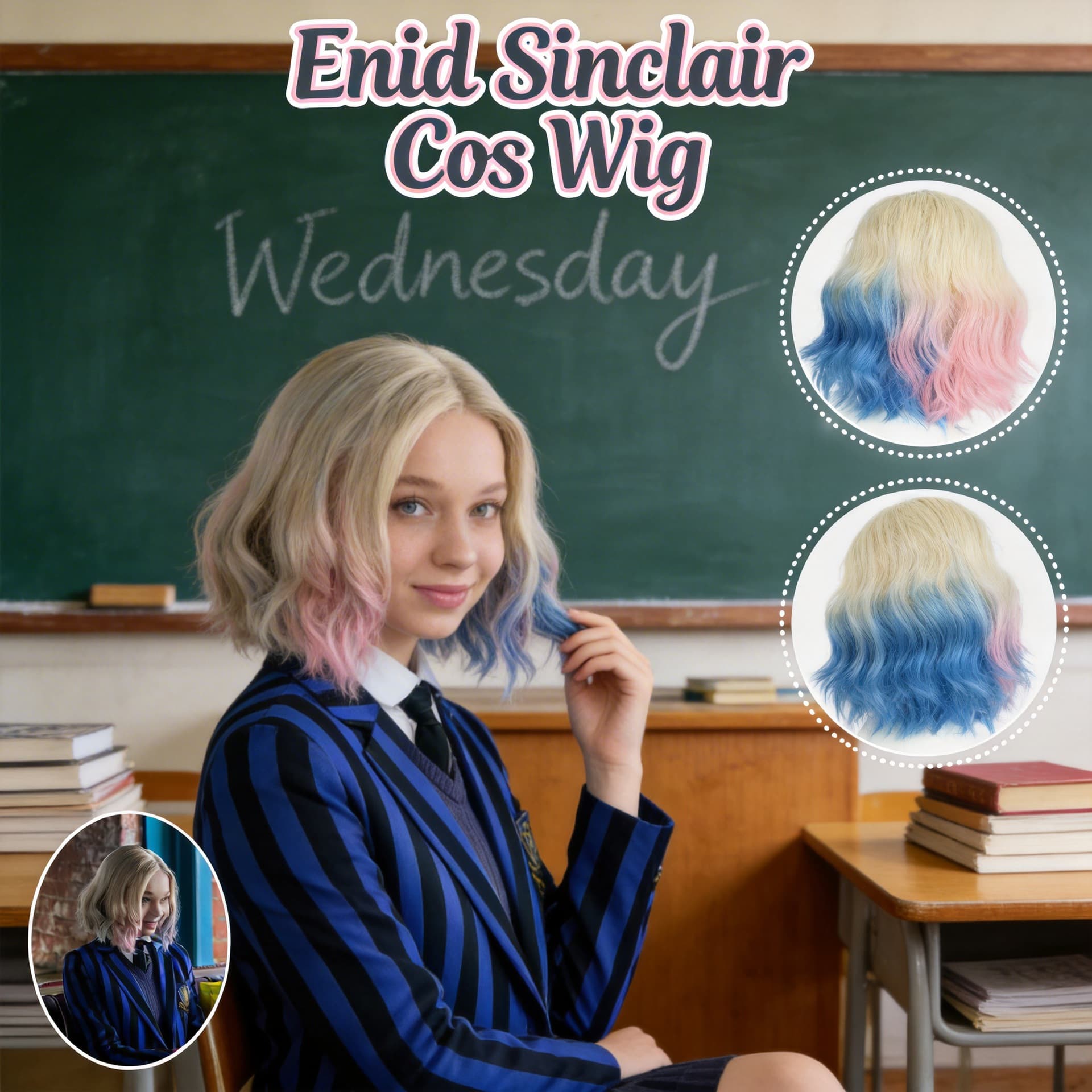 Wednesday Enid Sinclair Cosplay Wig Little Wolf Girl Blue Pink Gradient Color Style Cos Pink Wig