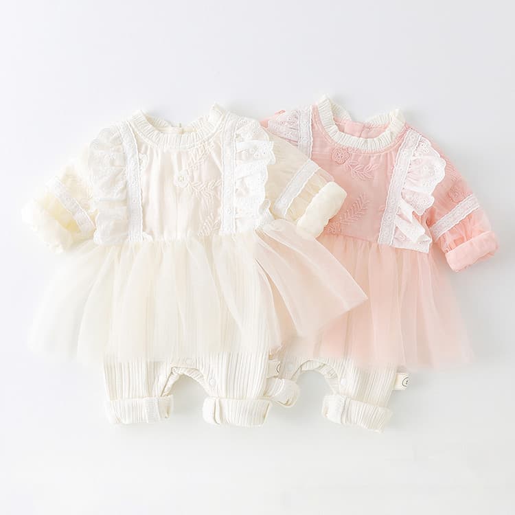 Baby long-sleeved rompers, spring clothes, baby girls, Korean style, lace collar onesies, infant and toddler rompers, baggy clothes