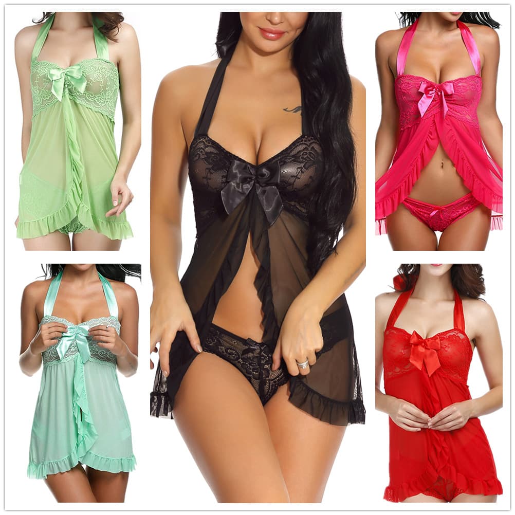 European and American Sexy Halter Neck Front Opening Ruffle Chemise Lingerie Amazon Export Stock Wholesale