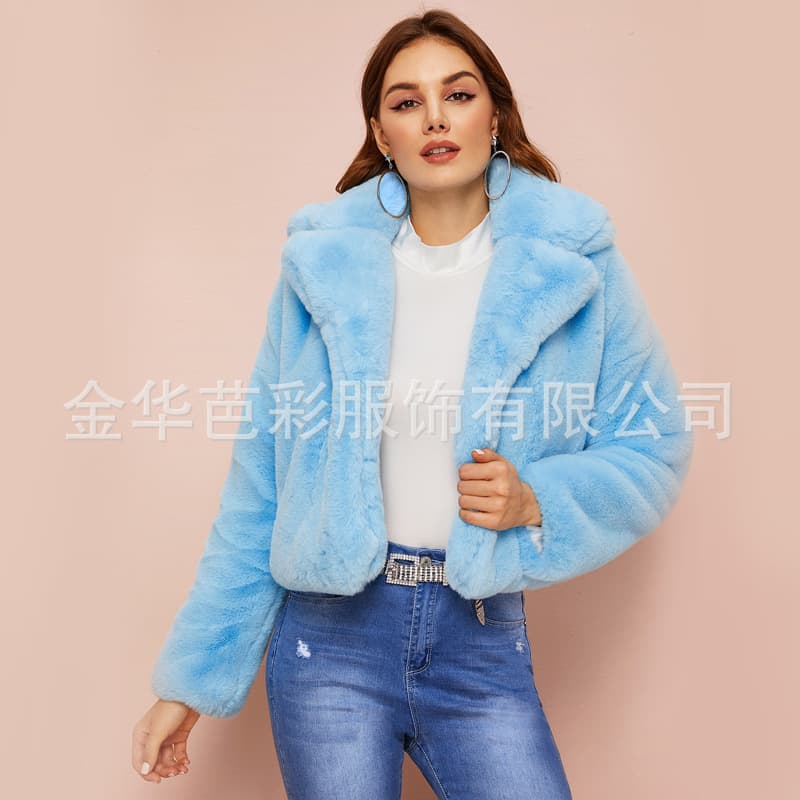 2025 New Cross-Border Faux Rabbit Fur Jacket for Women, Short Style with Turn-Down Collar, Solid Color, US Size, Best-Selling Faux Fur Coat