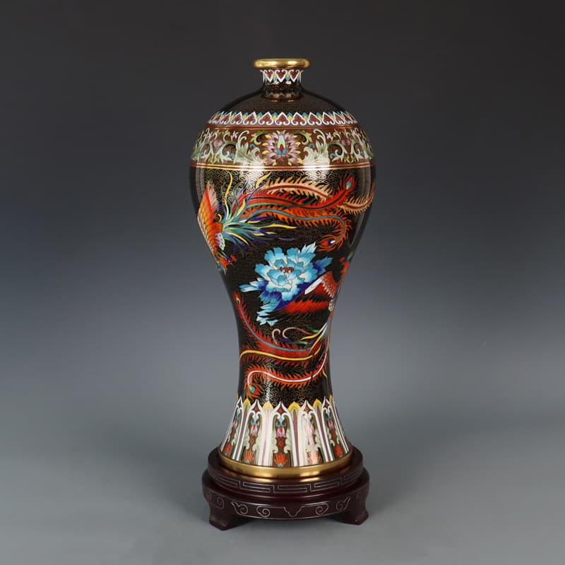 Cloisonné vase by the master (Zhang Tonglu), traditional copper body, filigree enamel polished 15-inch Xifeng vase