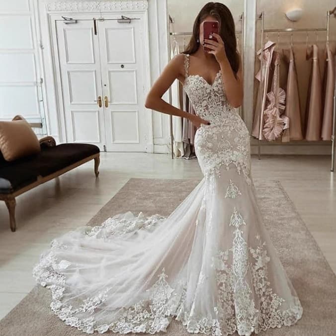 Sling fishtail wedding dress bride slimming French satin lace outing gauze travel photo temperament light luxury dress