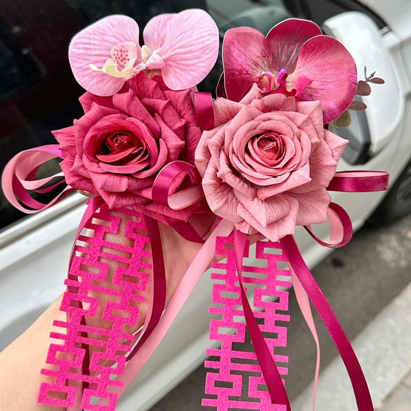 Wedding Car Decoration Rearview Mirror Artificial Flowers with Double Happiness and Phalaenopsis, Car Team Ribbon Pull Flower, Head Car and Bridesmaid Car Wedding Decoration Silk Flowers
