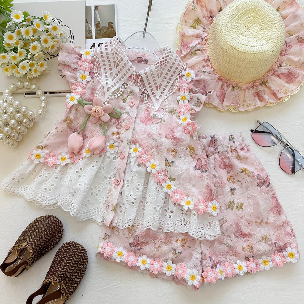 Girls three-dimensional flower lace doll collar suit summer pink floral daisy butterfly shorts two-piece trendy set