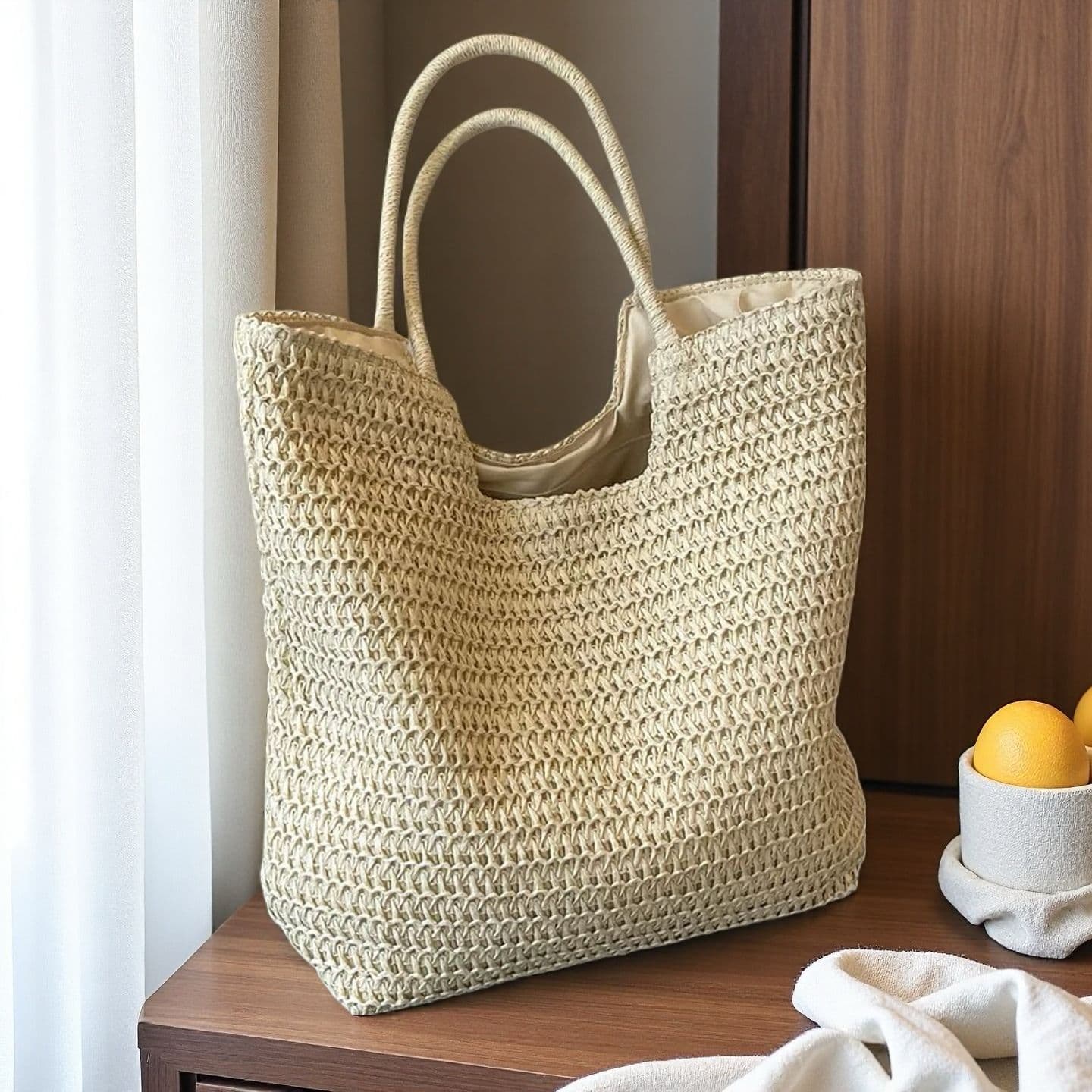 Large-Capacity Stylish Shoulder Straw Bag Premium Woven Bag Commuter Tote Bag Seaside Woven Beach Bag