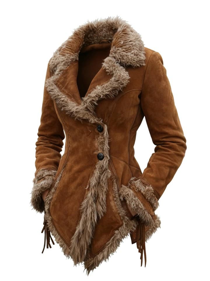 Cross-border EU Size Women's Vintage Suede Coat with Fur Collar Notch Lapel Boho Style Jacket
