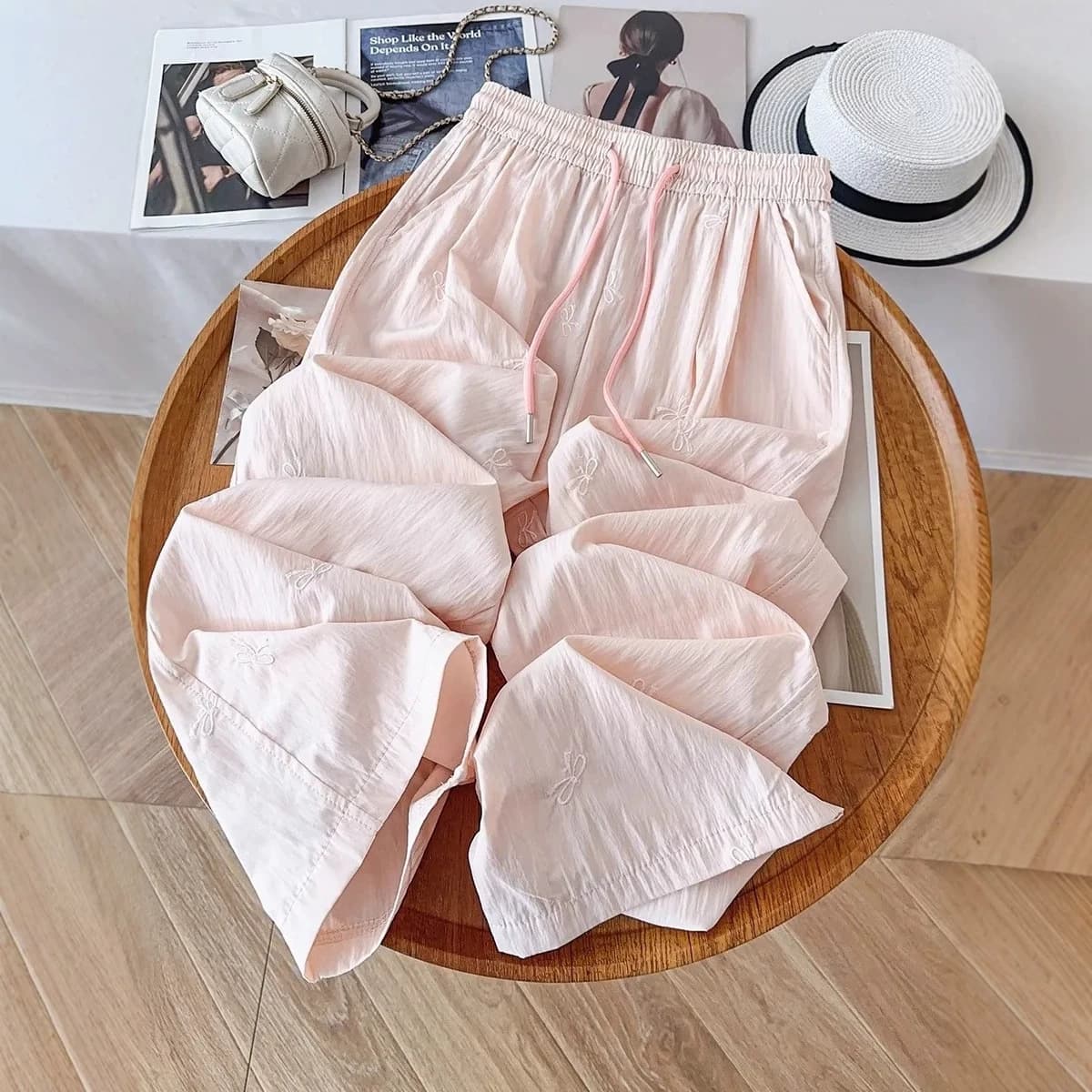 Bow Embroidery Wide-Leg Pants for Women 2026 Summer Lightweight New Black Casual Floor-Length Pants High-Waist Ice Silk Yamamoto Pants