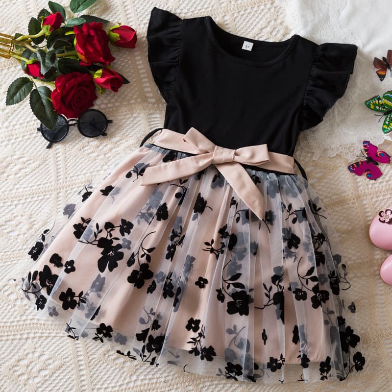 2025 Summer New Girls Dress Korean Style Flutter Sleeve Floral Mesh Princess Dress Children's Holiday Performance Gown