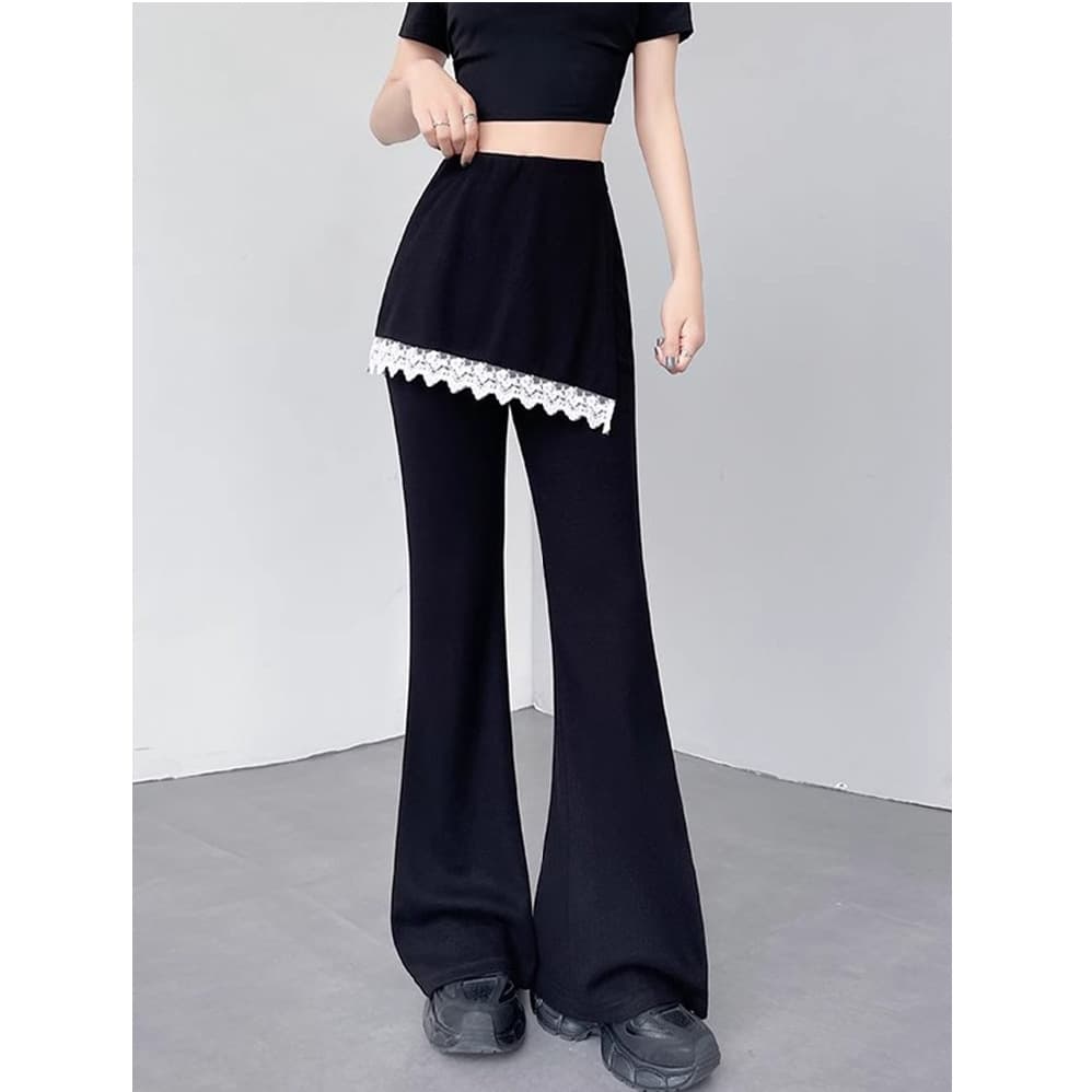 Lace Trim Split Hem Faux Two-Layer Flared Pants for Women 2025 Summer Slim Fit Casual Office Versatile Trousers