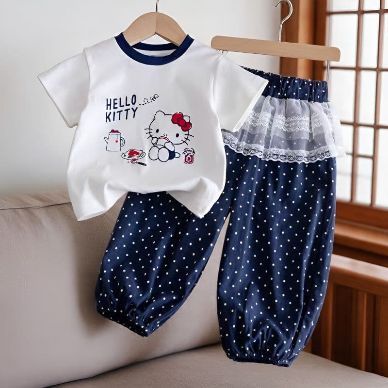 Baby Girls' Summer Kt Cat Short Sleeve Set, Kids' Top with Mosquito-Repellent Polka Dot Pants, Lace Trim Two-Piece Outfit