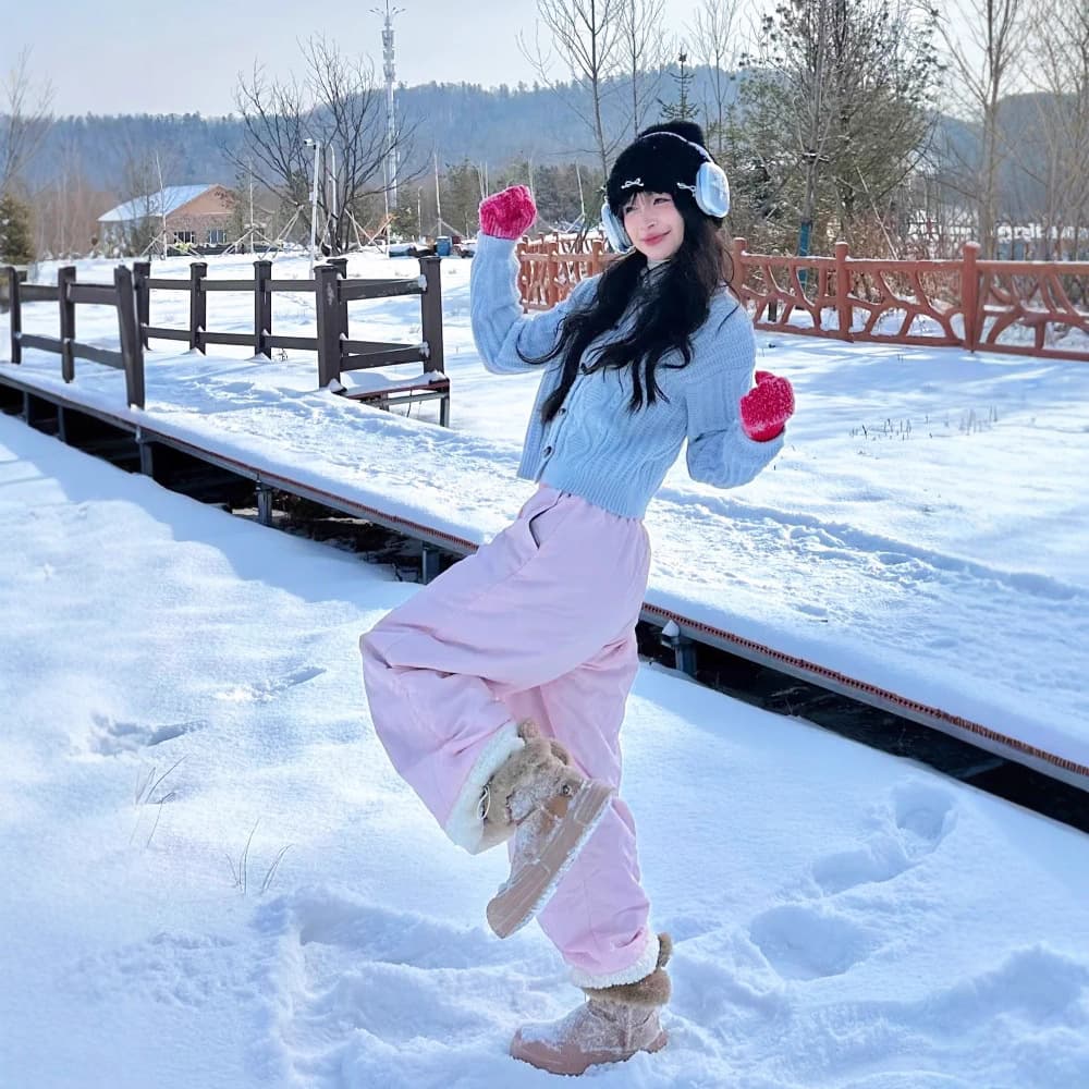 Sweet girl style cotton pants for women in winter plus velvet and thickened warm polar fleece spliced high waist straight casual windproof wide leg pants