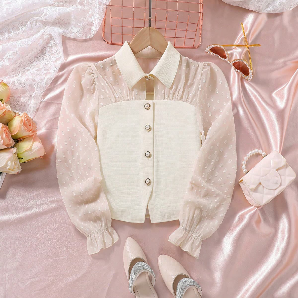 Girls' Shirt Spring Summer Cross-Border Patchwork Mesh Sleeves Faux Blazer Top Kids Amazon Europe America Children's Clothing