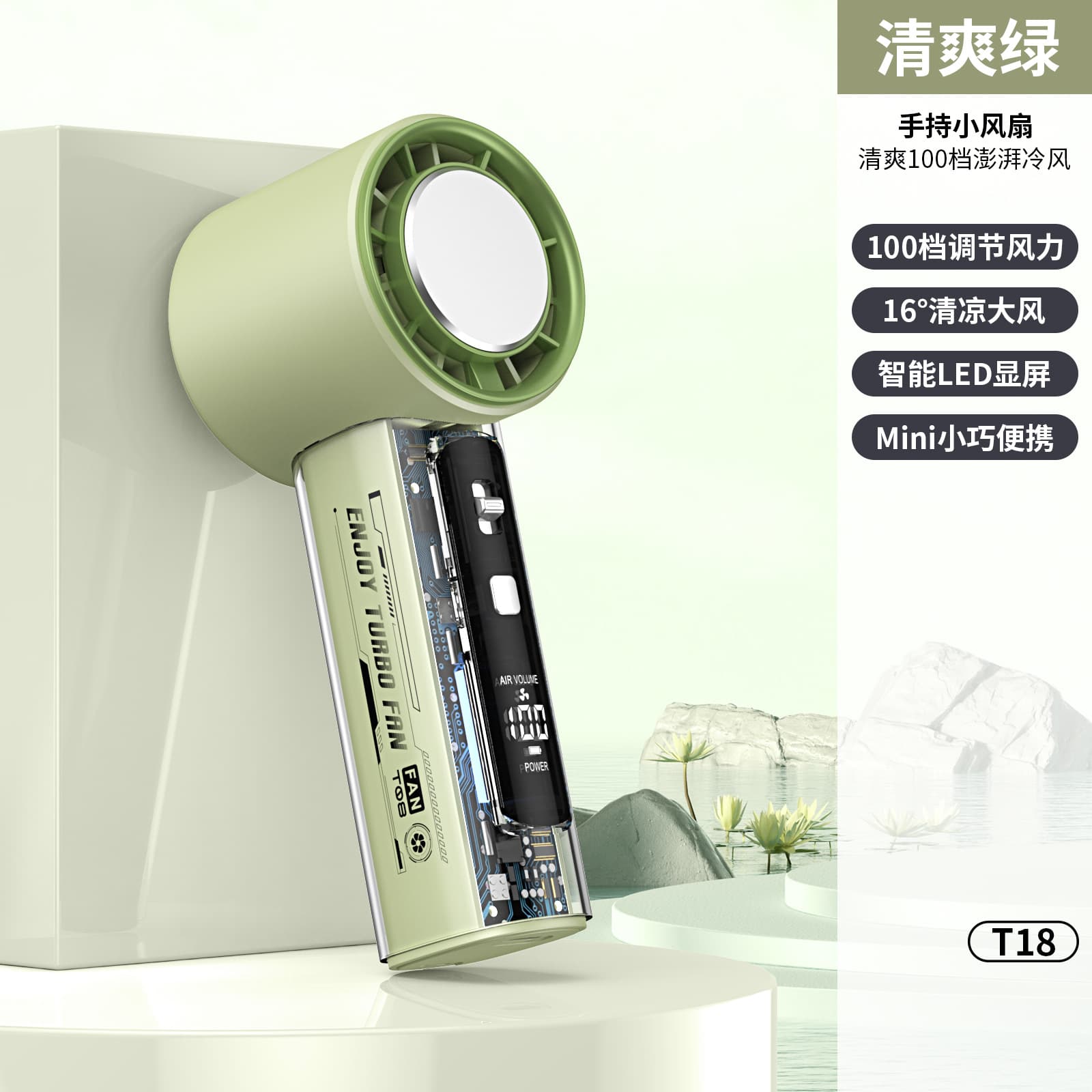 Cross-Border New T18 Mecha Ice Compress Transparent Fan, USB Mini Digital Display High-Speed Handheld Turbo Fan