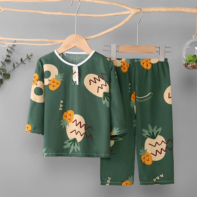 Children's Cotton Silk Pajamas Summer Homewear Set Thin Long-Sleeved Cotton Silk Sleepwear for Boys and Girls Air Conditioning Suit