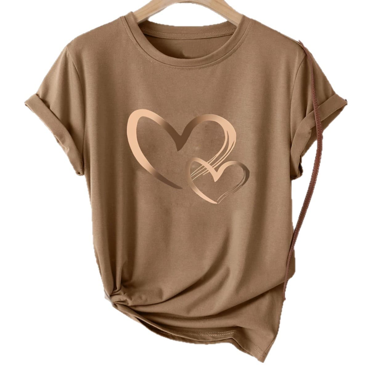 Cross-border Women's Double Heart Short Sleeve T-Shirt with Twisted Hem Design, Loose Casual Rolled Cuff Basic Top