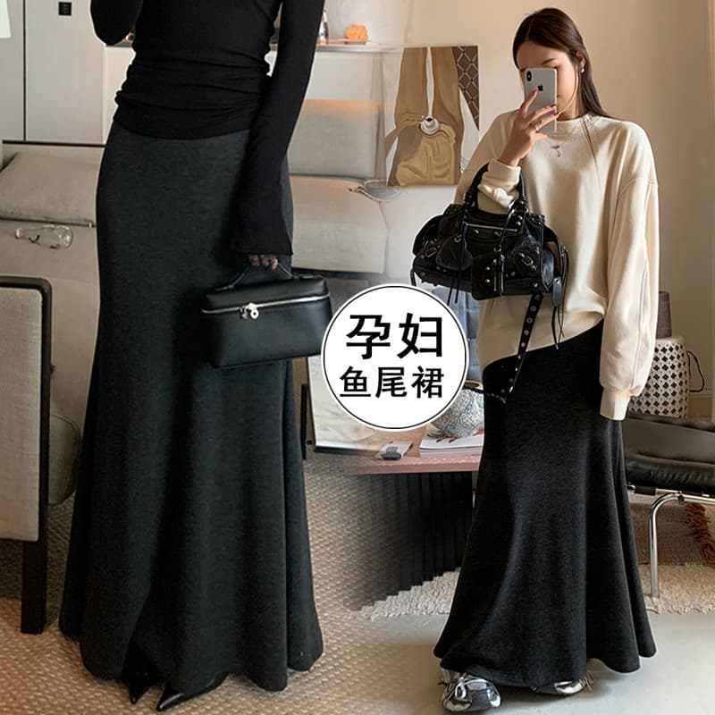 Maternity Black Skirt New Women's Autumn/Winter Layering Retro High-waist Design Sticky Rice Wrap Hip Mermaid Skirt Korean Style