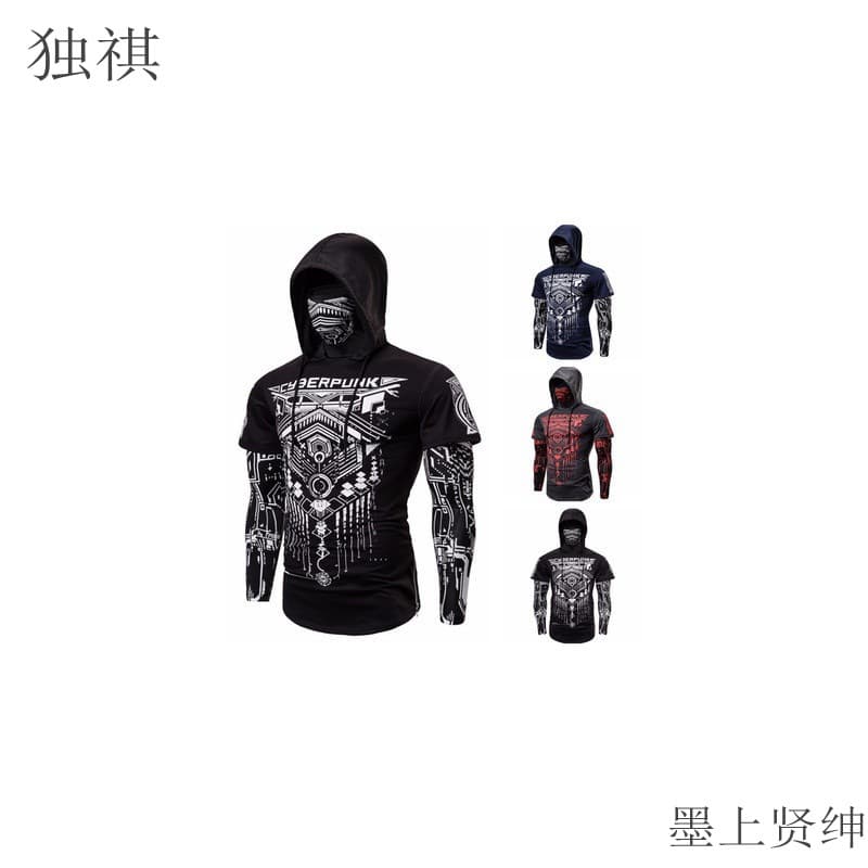 Elastic Long Sleeve Ninja T-Shirt for Men Fitness Hooded Polyester Fiber Round Dot Pattern Straight Cut Spring Autumn Wear