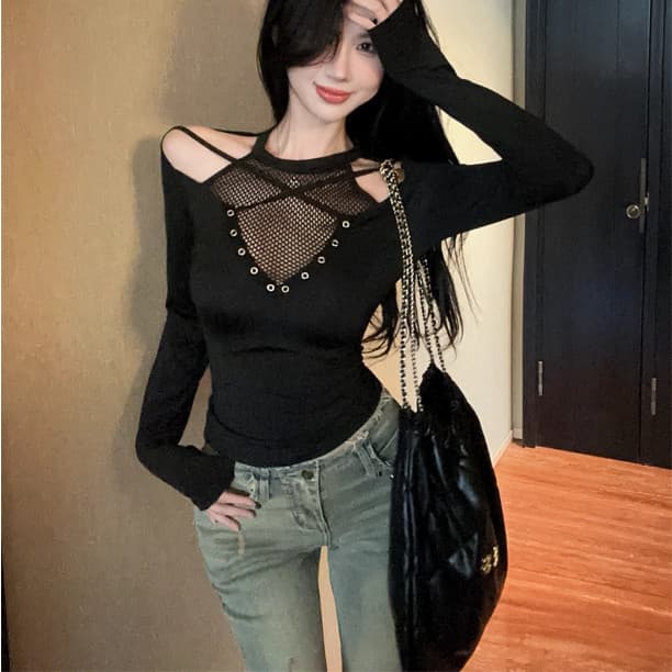 European and American cross-border hotties hollow pure lust style mesh splicing T-shirt spring and autumn ins trend personalized women's long-sleeved tops