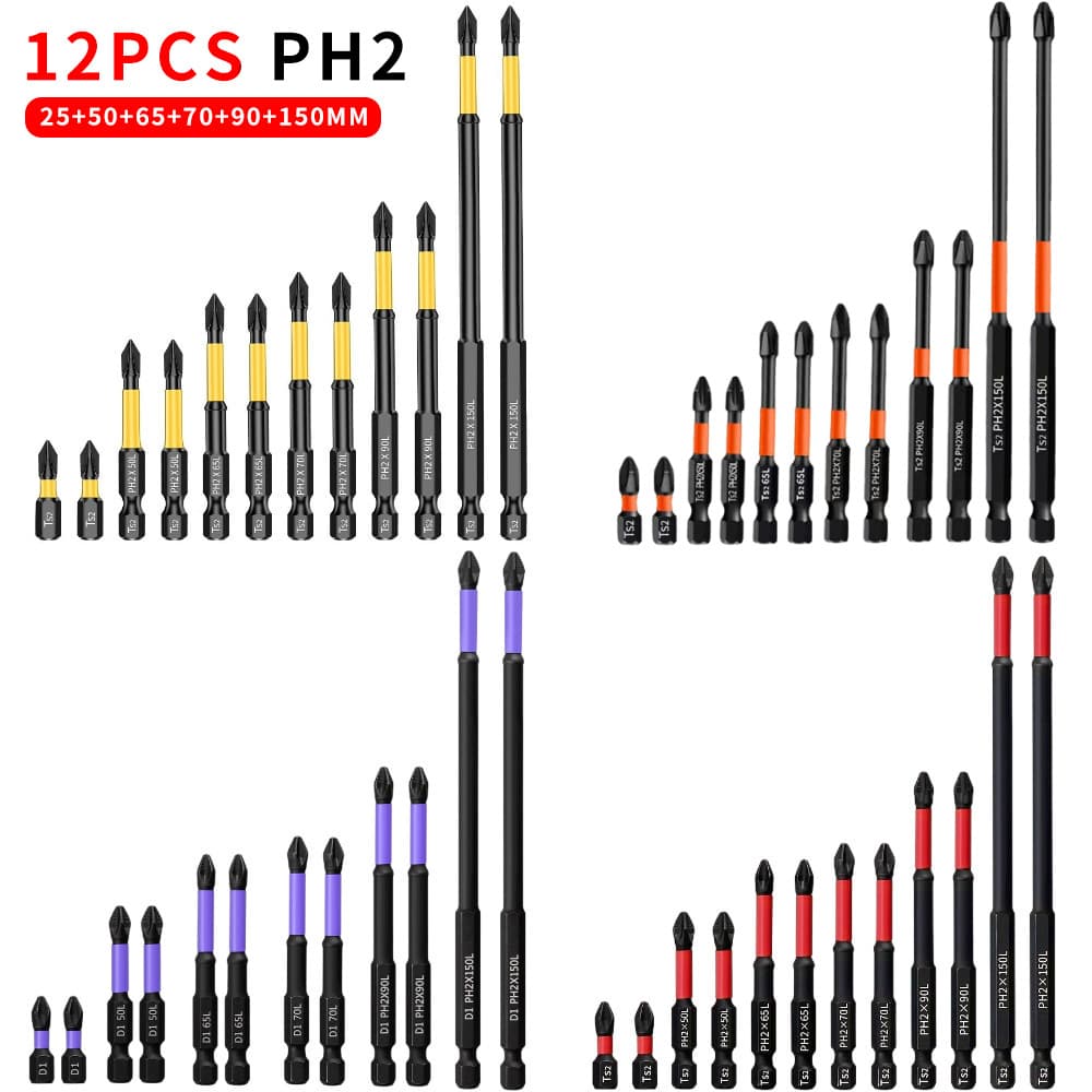 12pc Cross Screwdriver Bits Set, Strong Magnetic, High Hardness S2 Steel, PH2 Impact Driver Bit Set for Electric Drill