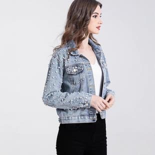 European Station Foreign Trade New Heavy Rhinestone Denim Jacket Women Amazon Hot Selling Slim Fit Jacket Diamond Top