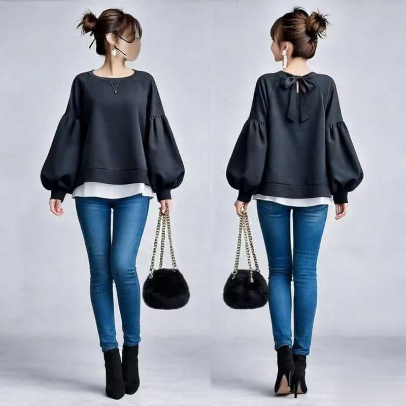 2026 Spring New Style Japanese Fake Two-piece Stitched Women's Irregular Women's T-Shirts Loose Lantern Sleeves Long Sleeve Tops