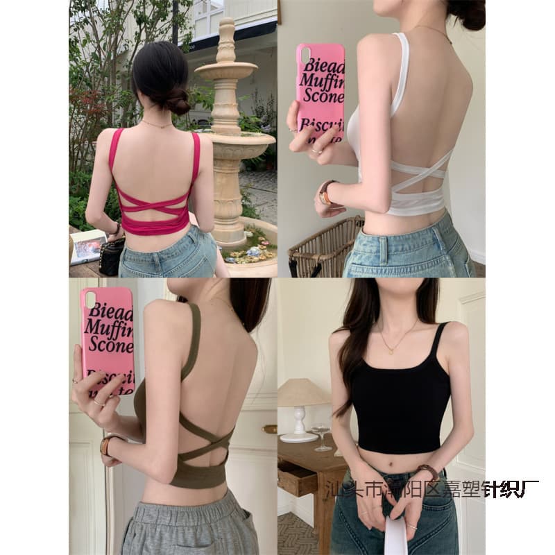 Summer Hot Girl Sexy Backless Camisole Vest for Women 2023 New, Slimming and Figure-Flattering with Built-in Pads, Short Crop Top Trendy