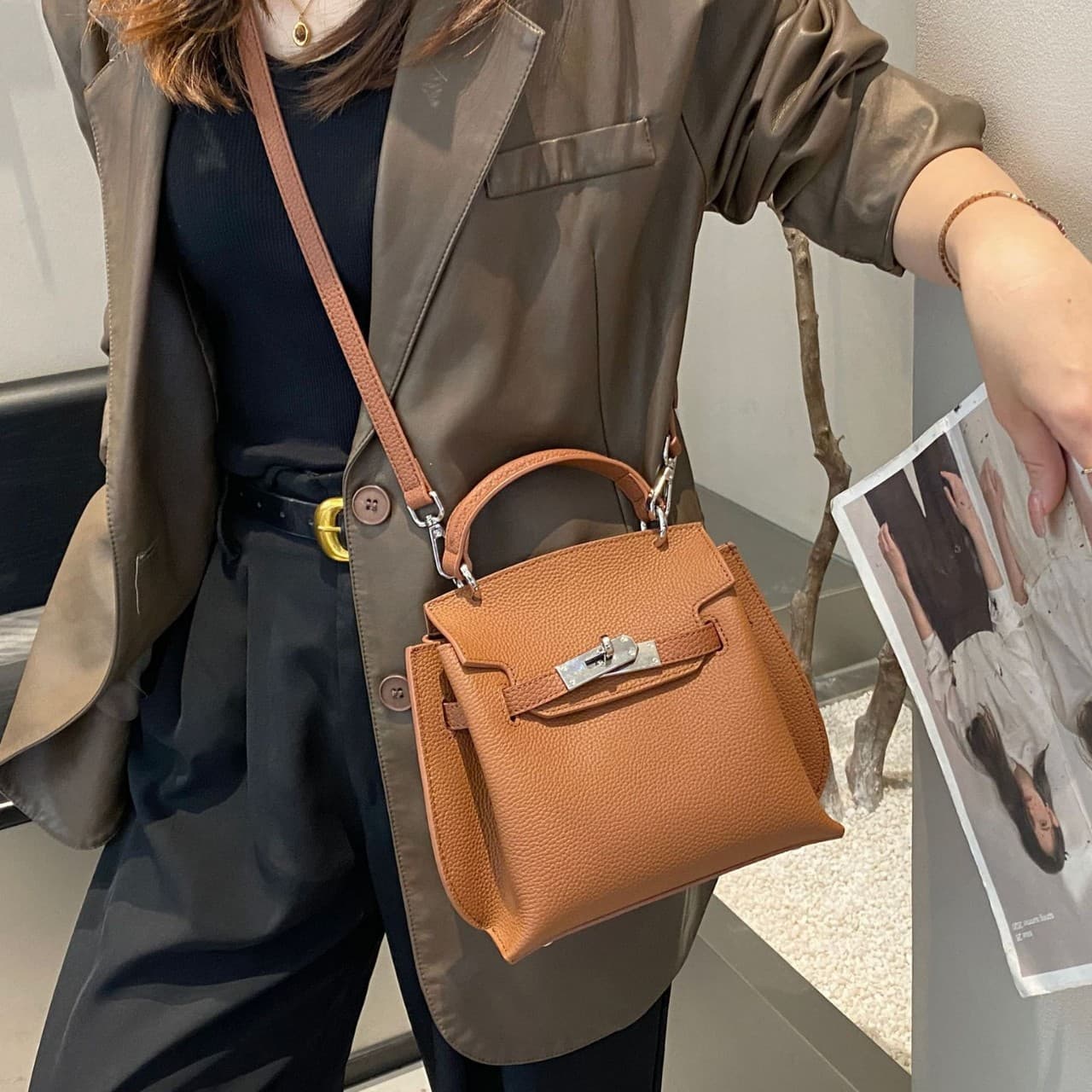 Premium Full-Grain Leather Kelly Bag 2025 New Genuine Leather Women's Handbag Fashion Tote Shoulder Crossbody Bag Cross-Border