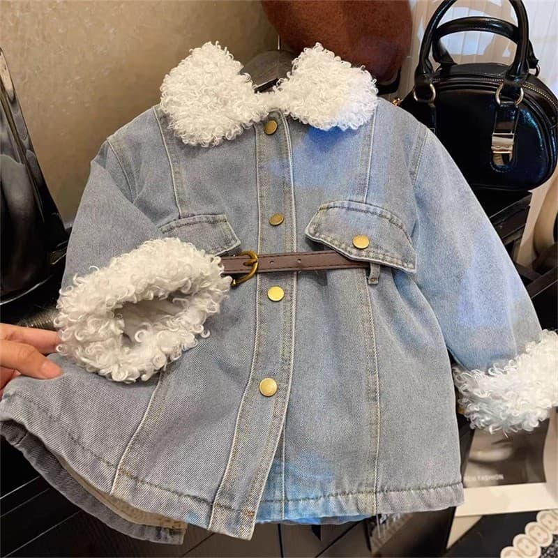 Girls' velvet warm denim jacket 2026 new Korean style children's mid-length thickened autumn and winter dress trendy