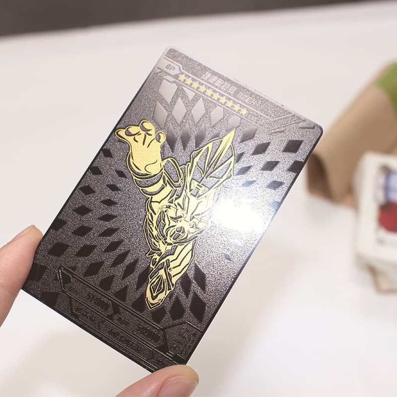 Game metal cards with frosted background, color printed patterns, custom content printing, matte black exquisite screen printing craftsmanship.