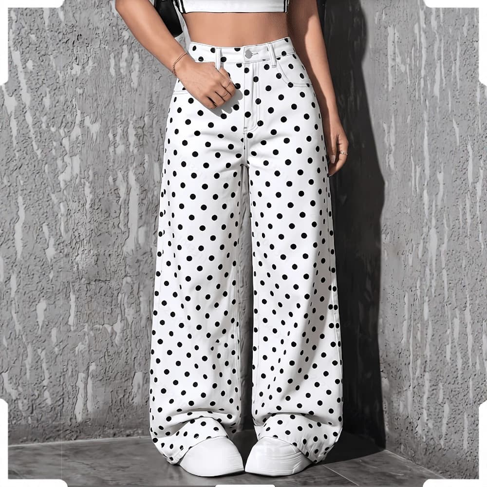 Cross-border European and American foreign trade new polka-dot high-waisted wide-leg jeans for women, fashionable loose slimming straight trousers in stock