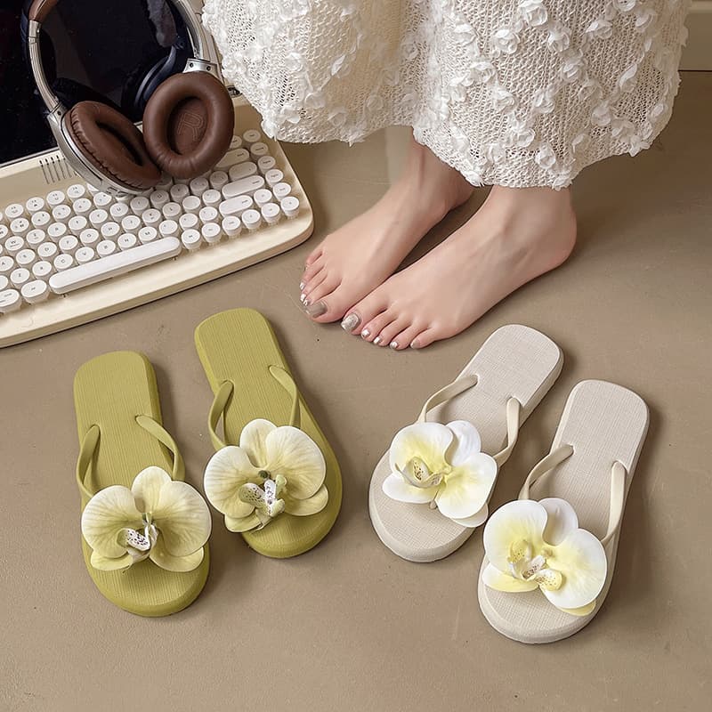 Orchid Pattern Flip Flops, Light Green, Soft, Bouncy, Comfortable, Non-Slip, Suitable for Vacation and Outdoor Wear, Women's Gentle Style Toe Separator Sandals
