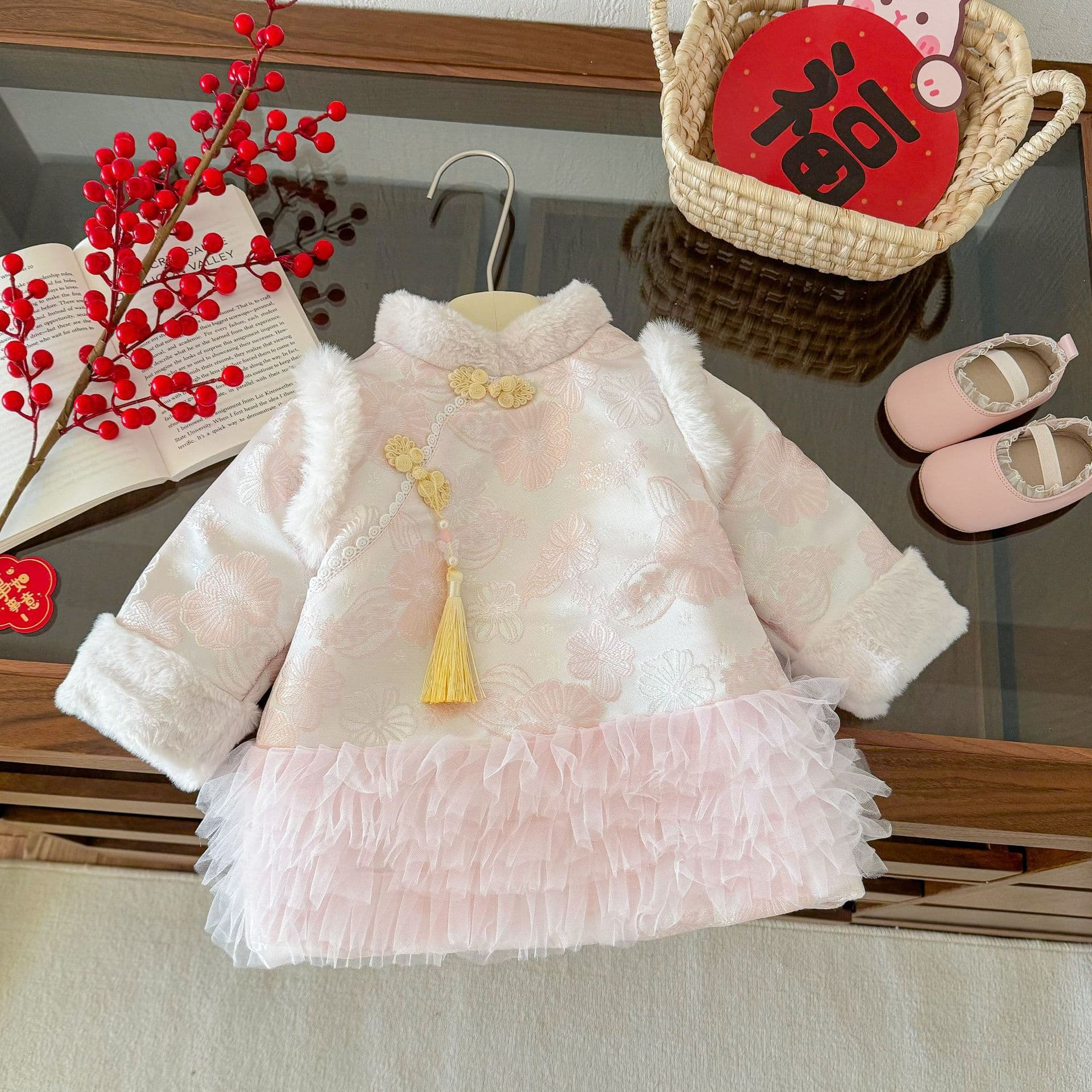 Girls' Thickened Chinese New Year Dress 0-5 Years Winter Chinese Style Baby Retro Warm Dress Children's Skirt AQ081