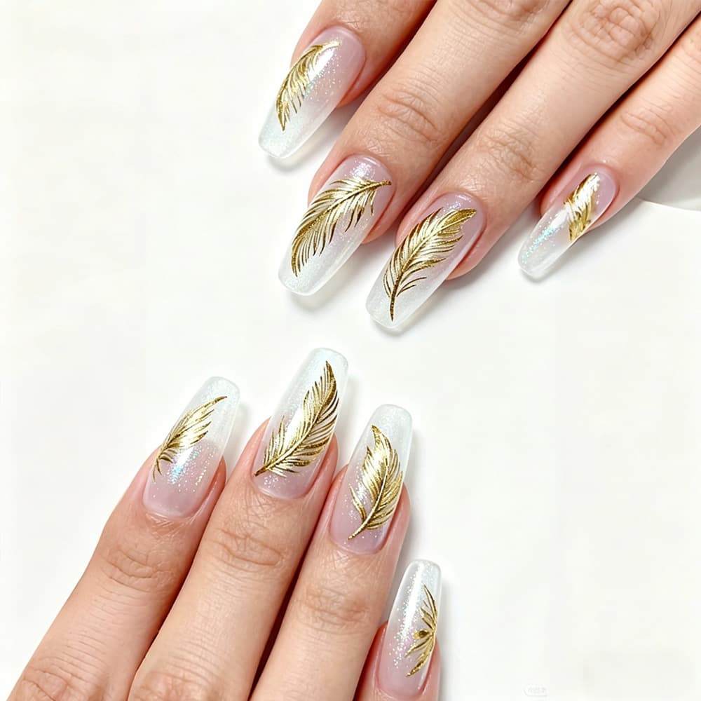 ins gentle temperament whitening wearable nails gold feather fine glitter ballet nails fake nails 24 pieces cross-border manicure mixed batch