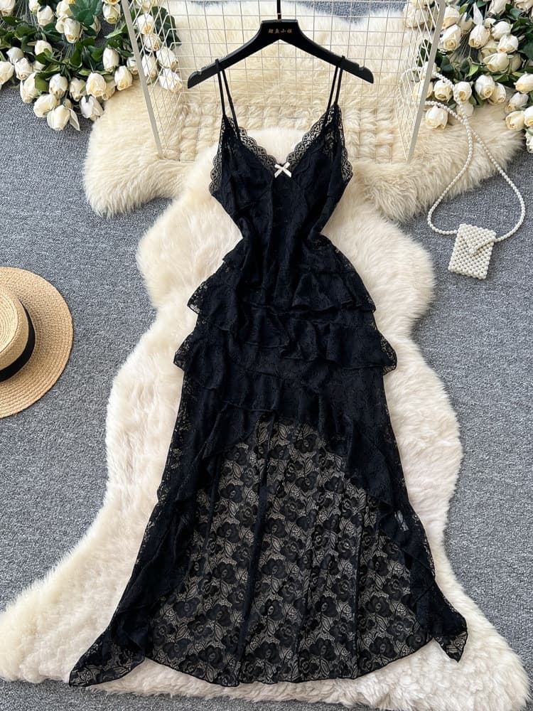 Sexy V-neck lace suspender pure lust dress for women spring black ruffled waist slimming mid-length skirt
