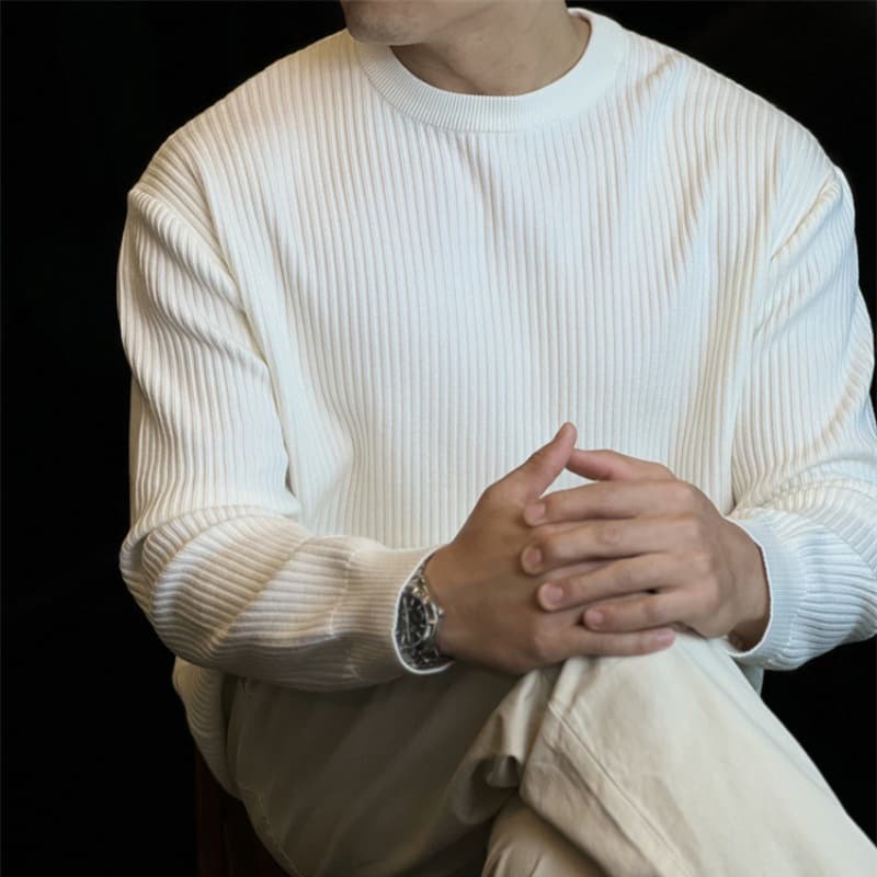 Japanese Vertical Stripe Round Neck Loose Knit Sweater Men's Casual Long Sleeve T-Shirt Autumn Winter