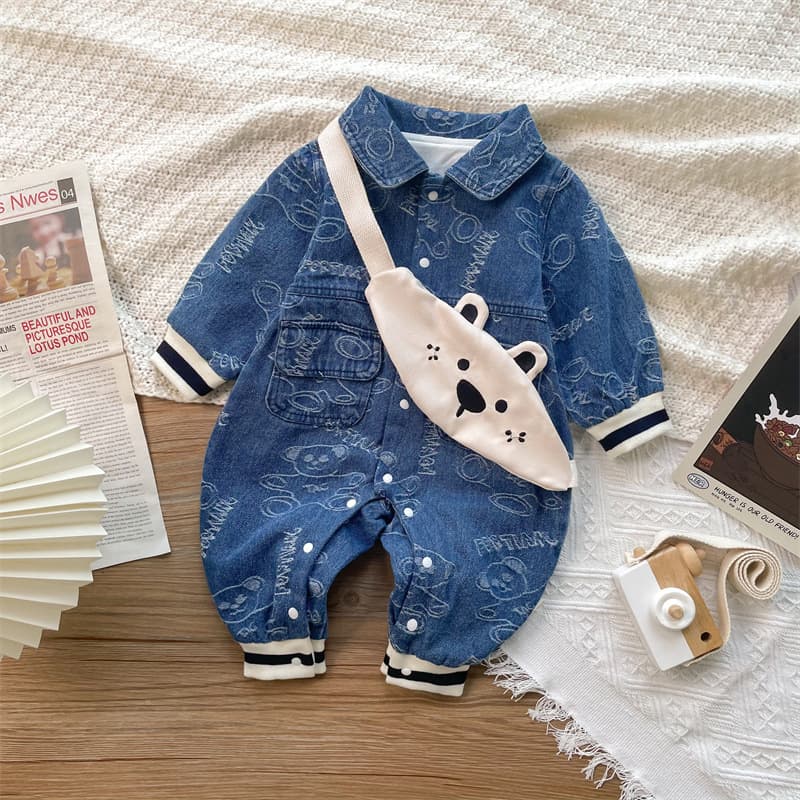 Newborn Baby Boy Spring/Fall Romper Full Moon Newborn Clothing Autumn Denim Bodysuit Going Out Crawling Suit