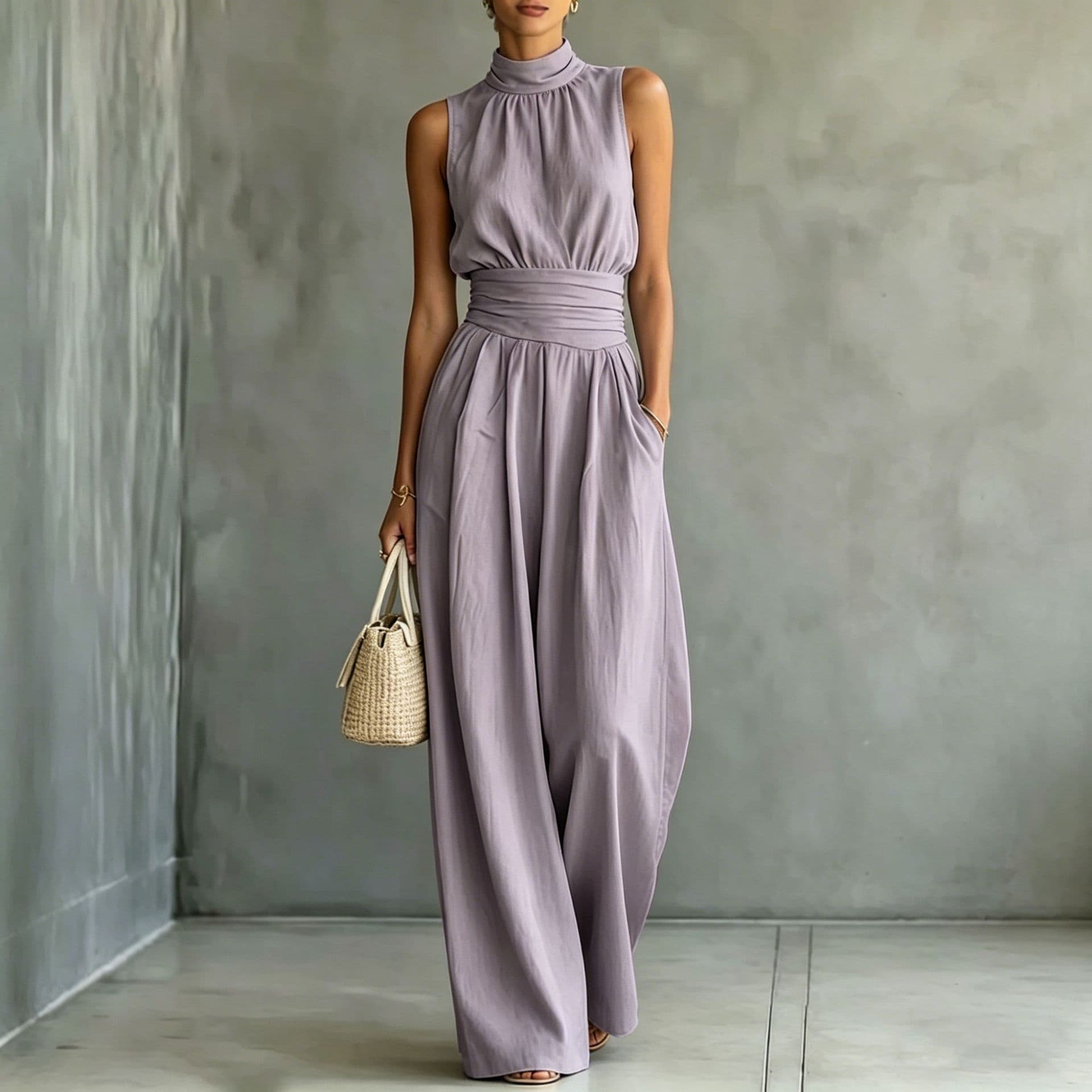 In Stock EU/US Cross-Border Women's Elegant Jumpsuit Stand Collar A-Line Sleeveless Wide-Leg Jumpsuit