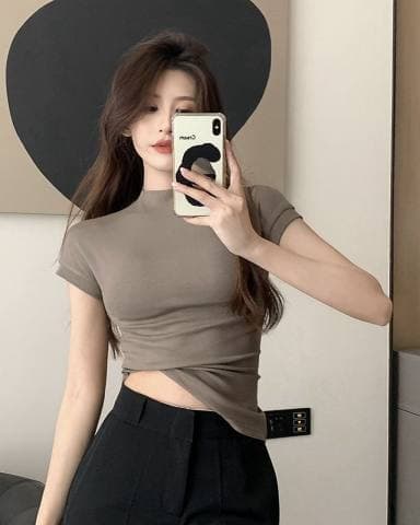 2023 New Summer Women's Pure Short Sleeve Half Turtleneck T-Shirt Slim Fit Base Layer Short Top