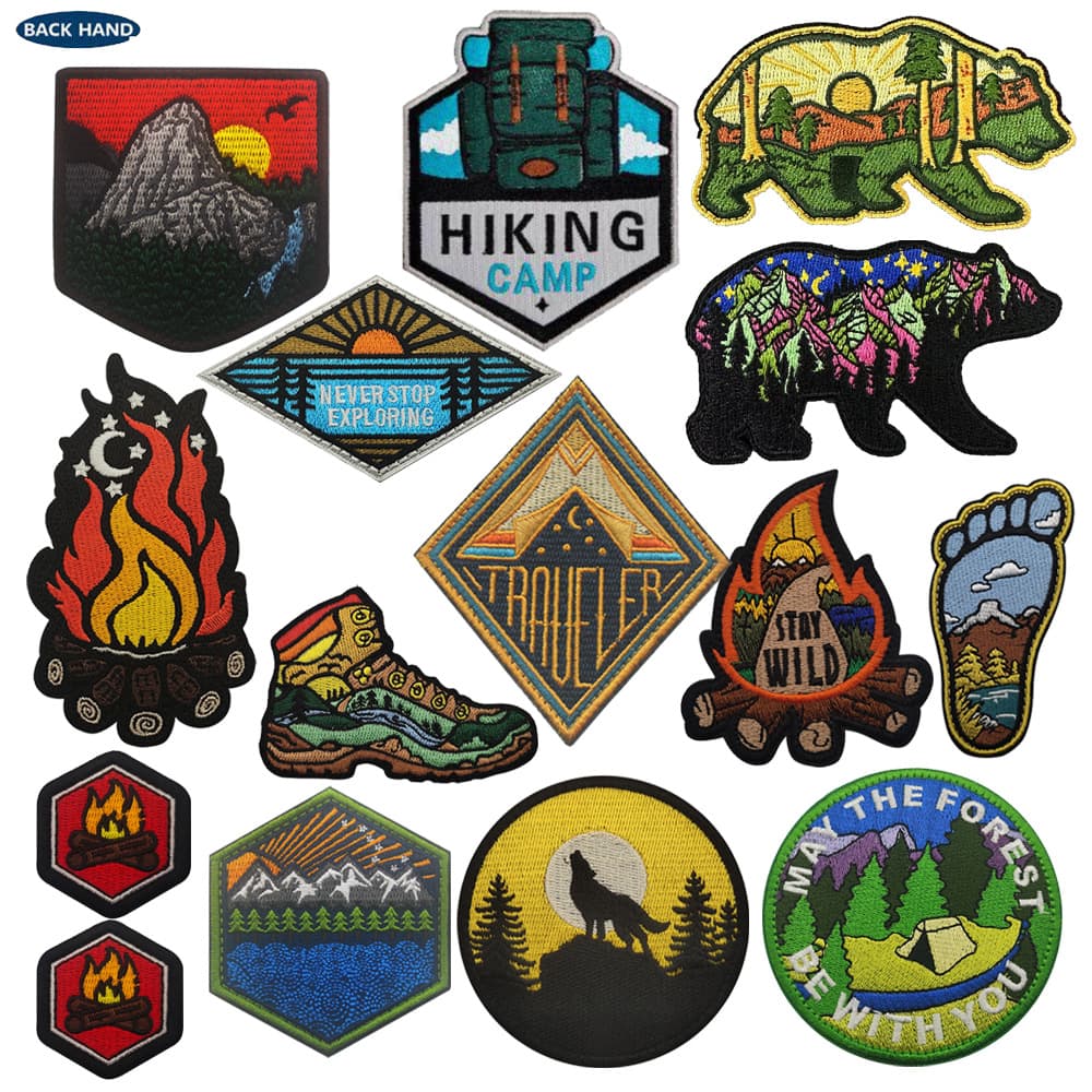 HAPPY CAMPER Camping Embroidered Hook and Loop Morale Patch Natural Scenery Armband Mountains Rivers Outdoor Bag Patch