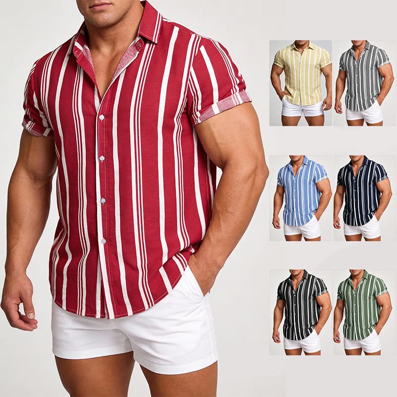 Cross-border Men's Clothing 2026 Spring/Summer New Men's Shirt Men's Casual Striped Print Short Sleeve Shirt