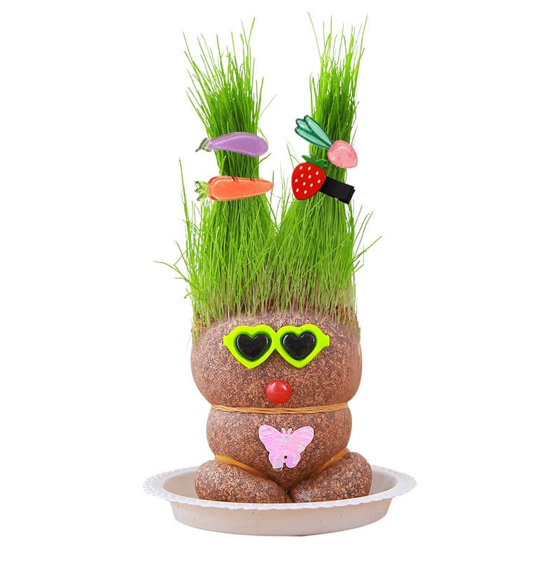 With grass growing on the head, dolls with grass heads blooming, children plant small potted plants to grow grass and green plants to observe plant growth in kindergarten.