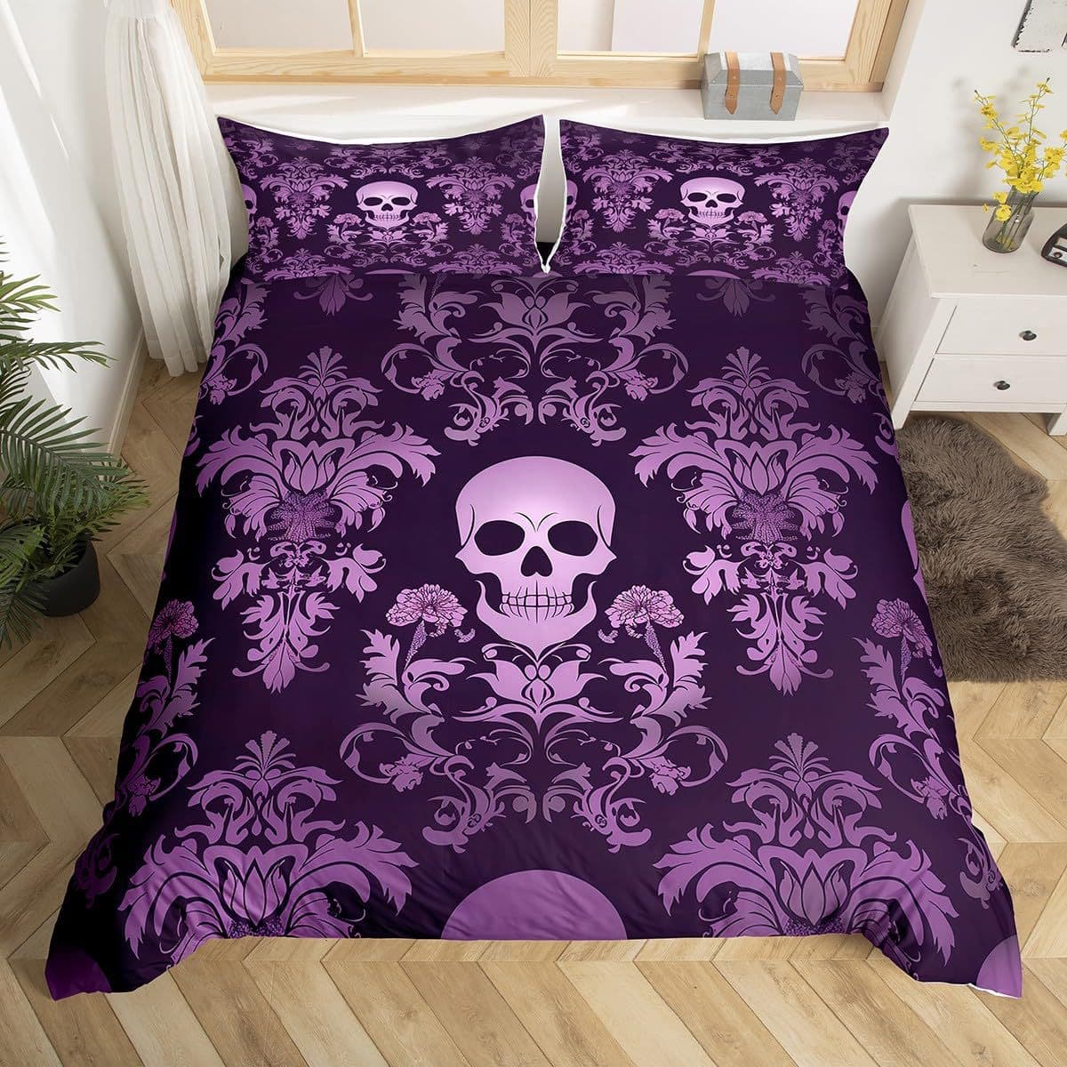 Cross-border Purple Gothic Vintage Floral Exotic Sugar Skull Print Duvet Cover Bedroom Bedding