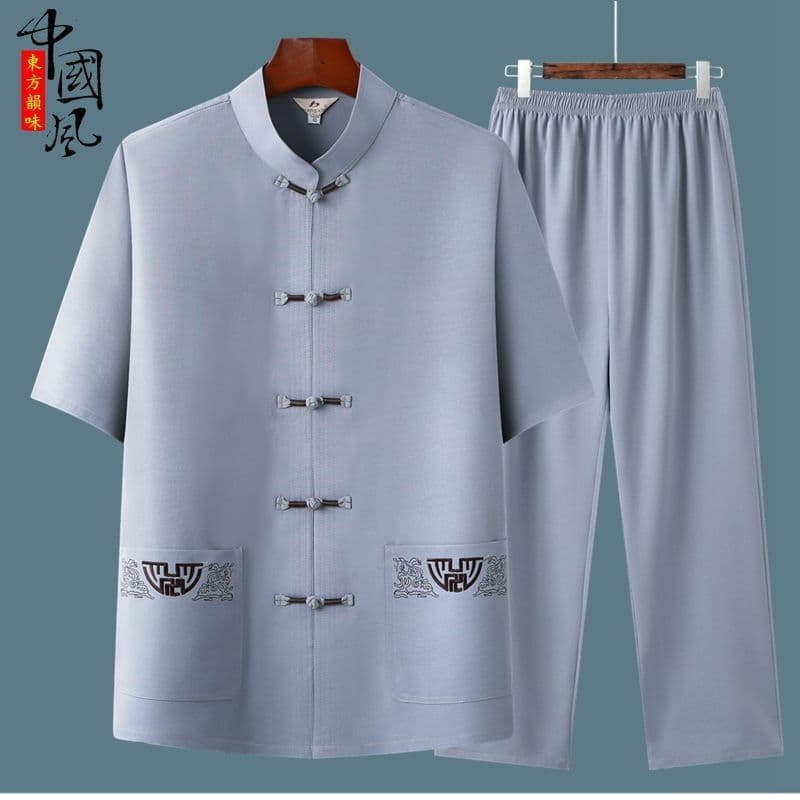 Middle-aged and Elderly Summer Short Sleeve Tang Suit Embroidered Set, Chinese Style Men's Dad Outfit, Grandpa Hanfu Pants Two-Piece Set
