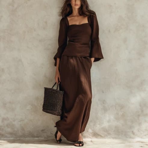 European and American cross-border square collar three-quarter trumpet sleeve waist top and skirt two-piece solid color temperament slimming long skirt suit