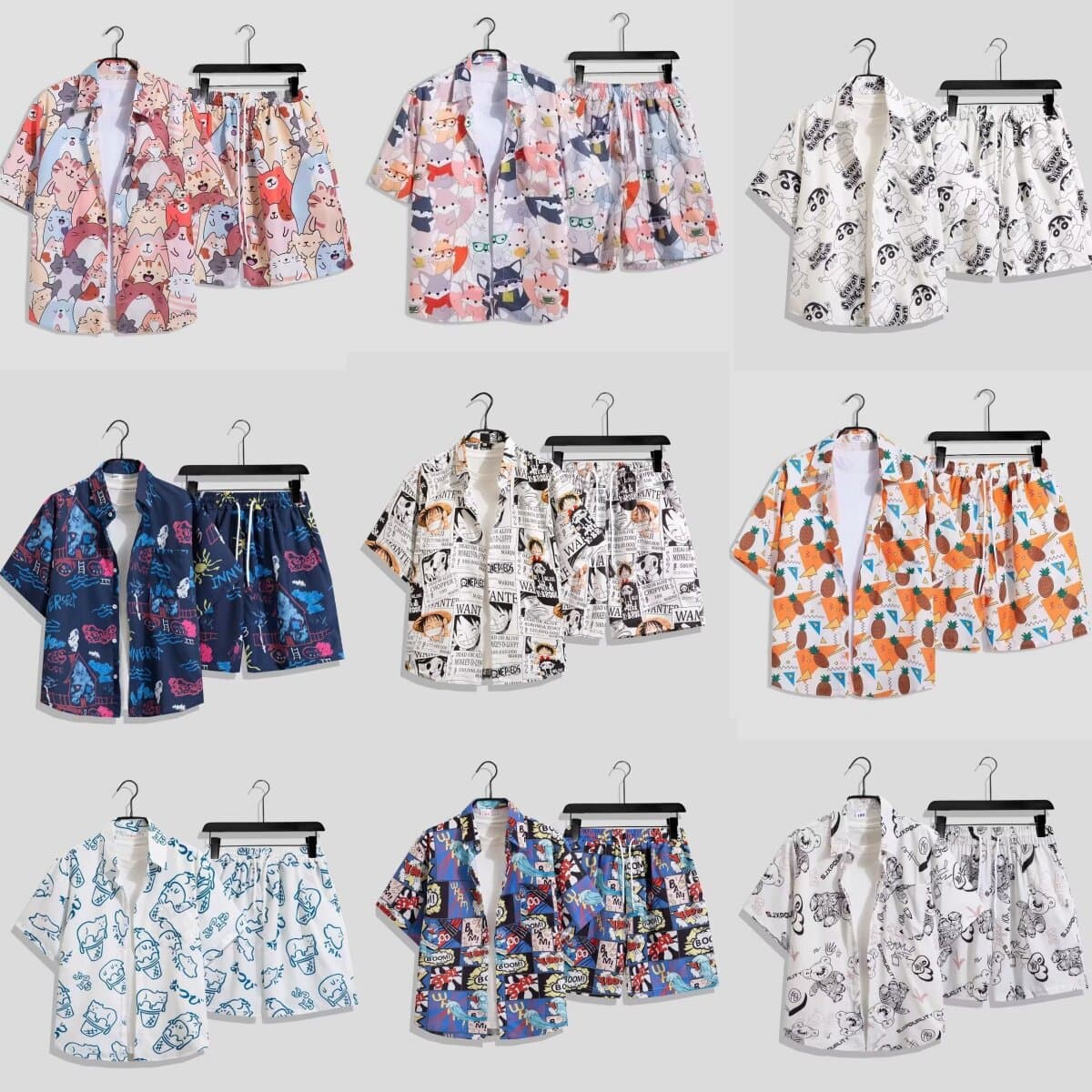 One Piece Shirt Set Men's Short Sleeve Retro Versatile Hong Kong Style Cartoon Two-Piece Set Youth Class Uniform