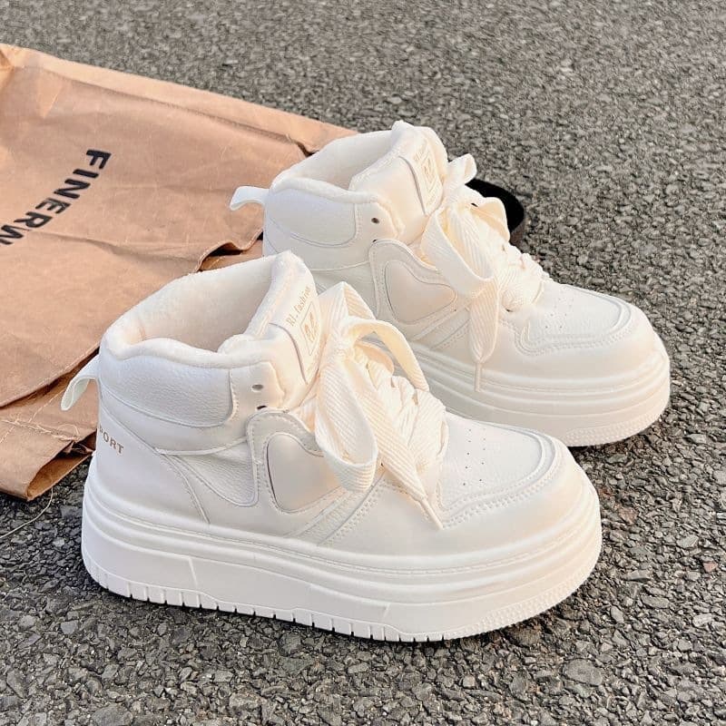 Women's Thick-Soled Fleece-Lined Shoes, 2024 Autumn/Winter New Style, High-Top Shoes, Unique Style, Versatile White Sneakers, Casual Sneakers