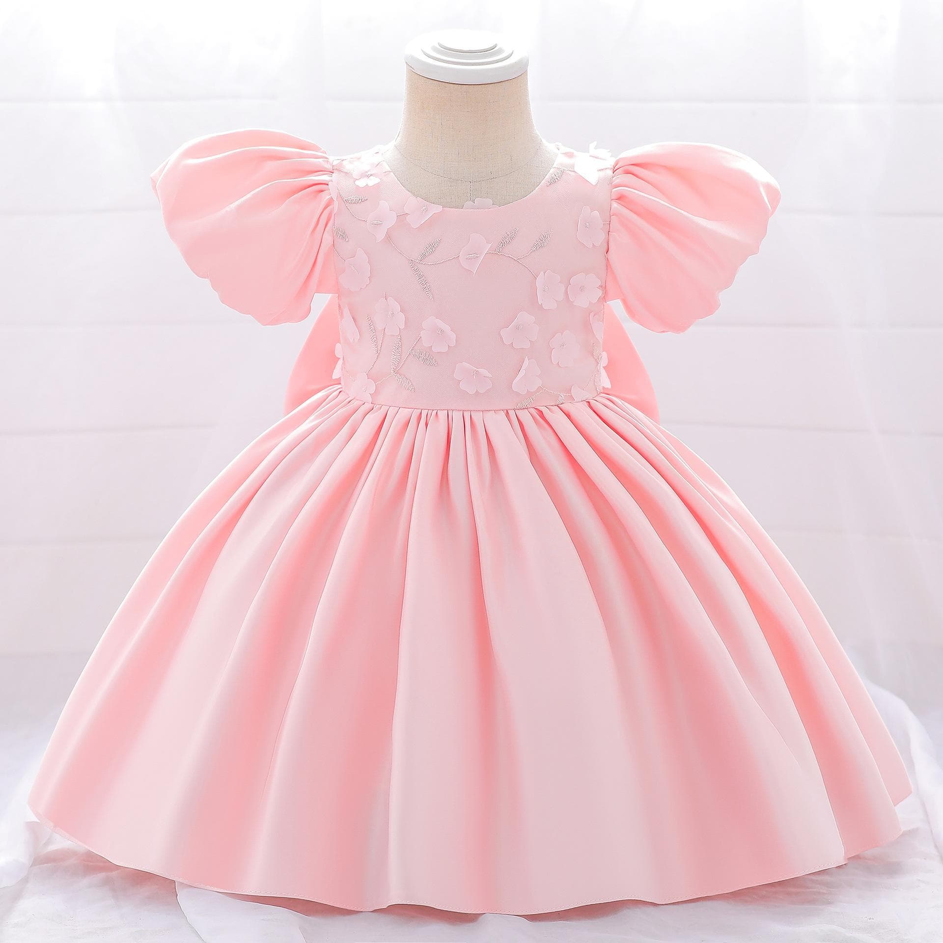 Amazon's new puff sleeve satin dress, girl's birthday, flower girl, children's big bow princess dress
