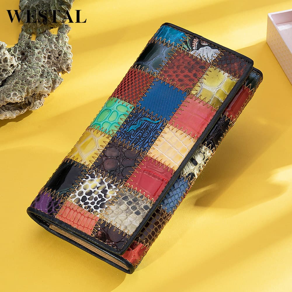 Long Genuine Leather Wallet for Women Street Style Multi-Functional Zipper Handbag Geometric Pattern Resistant to Wear And Expansion