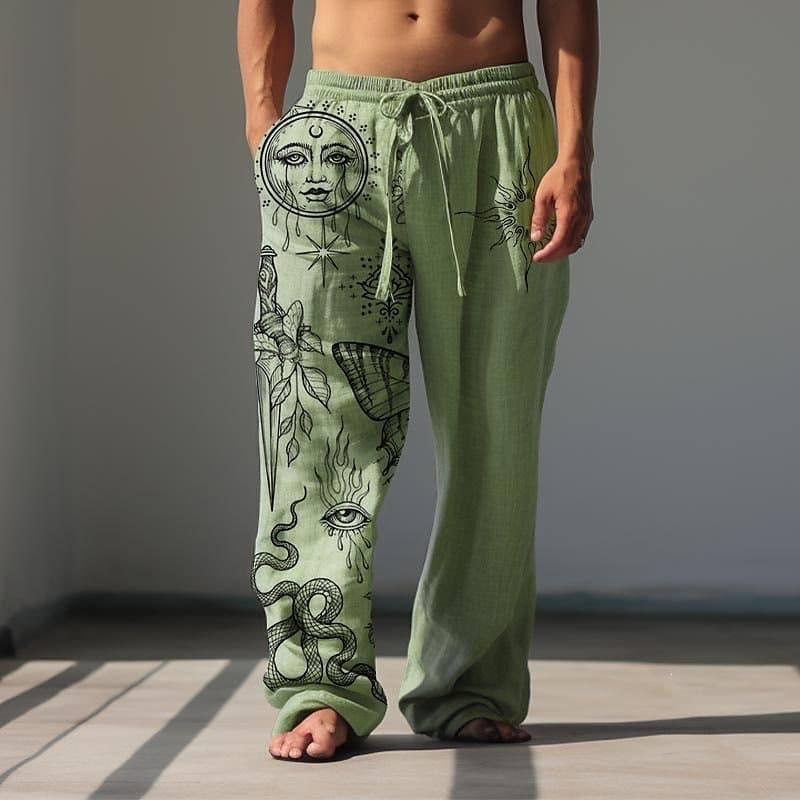 New Spring Casual Drawstring Mid-Rise Retro 3D Digital Print Men's Beach Straight-Leg Pants for Cross-Border Independent Stores
